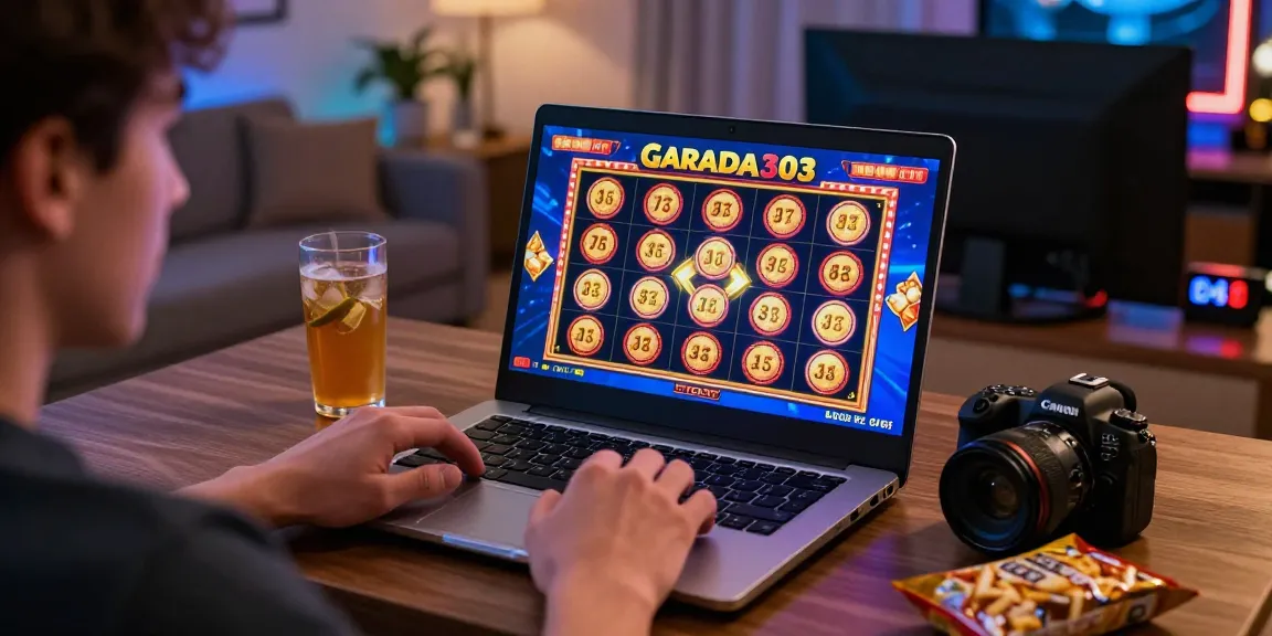 Engaging scene of a player with the garuda303 slot game on a laptop, colorful graphics, cozy home setup.