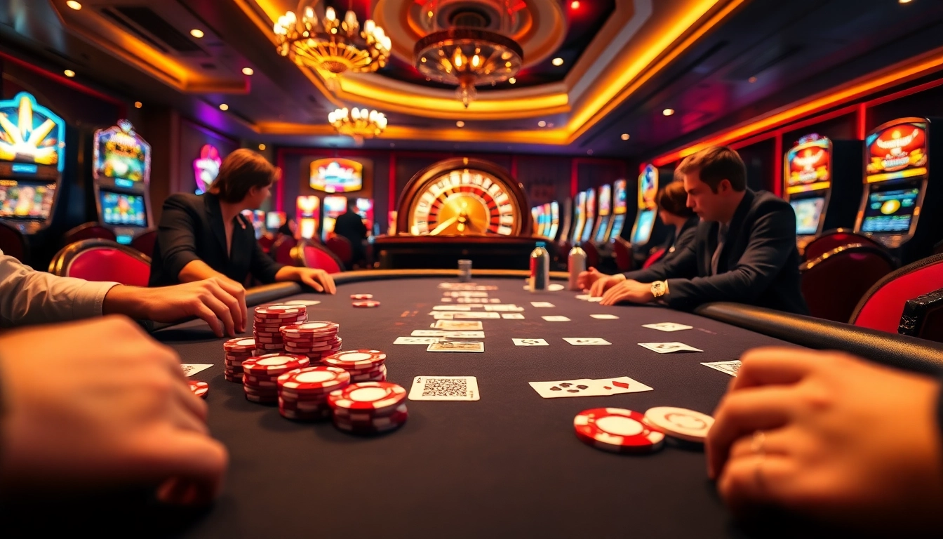 Scène engageante d'un casino en ligne avec des joueurs autour d'une table de poker, mettant en valeur des jetons de poker vibrants.