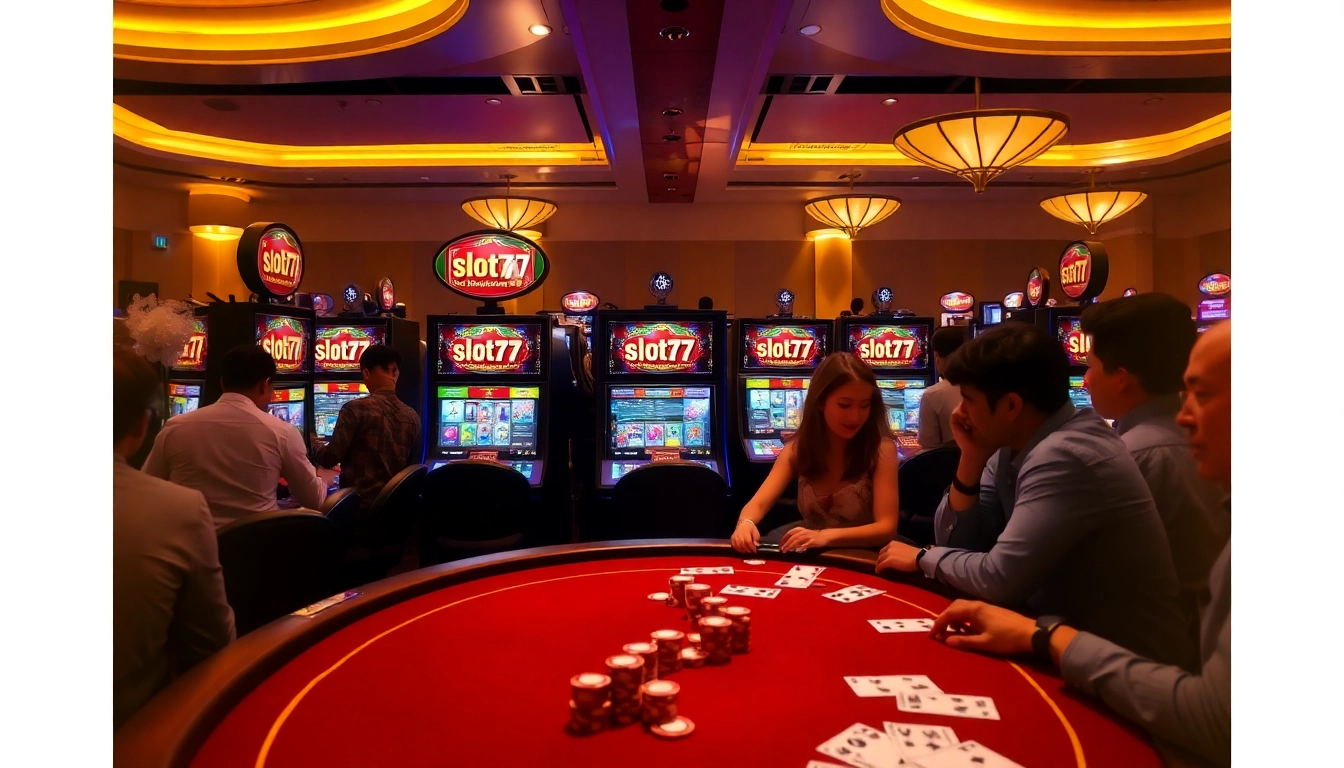 Gamblers enjoying high-stakes action at slot777 machines in a luxurious casino.