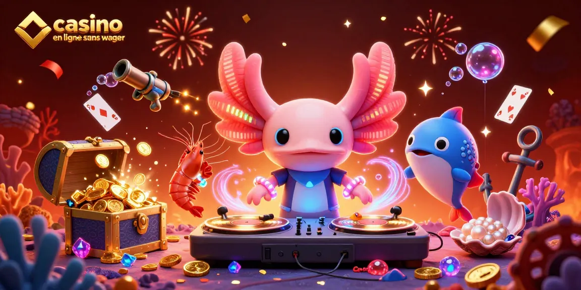 Découvrez le casino en ligne sans wager avec une illustration vibrante de DJ axolotl et événements festifs sous-marins.