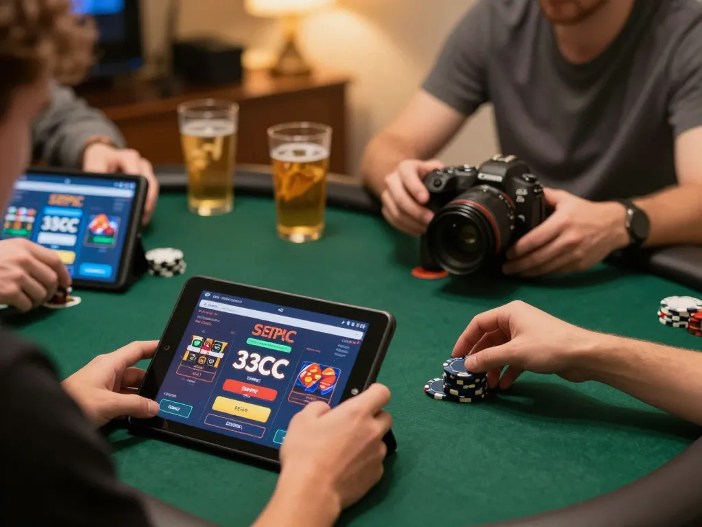 Engaging online poker game featuring 33CC option prominently displayed on tablet, showcasing at-home gambling excitement.