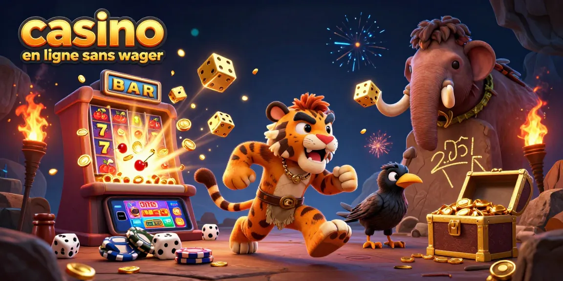 Jouer à des jeux excitants dans un casino en ligne sans mise avec un tigre à dents de sabre et un homme préhistorique.