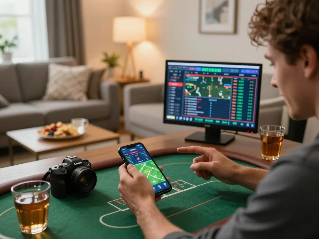Excited player using king33 app for sports betting in comfortable home setup.