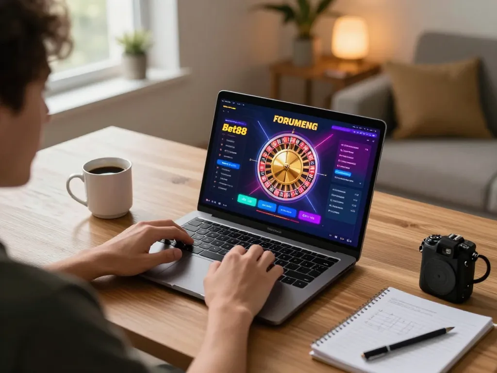 Engaging in a Bet88 roulette game from home, showcasing a comfortable gaming setup and strategic focus