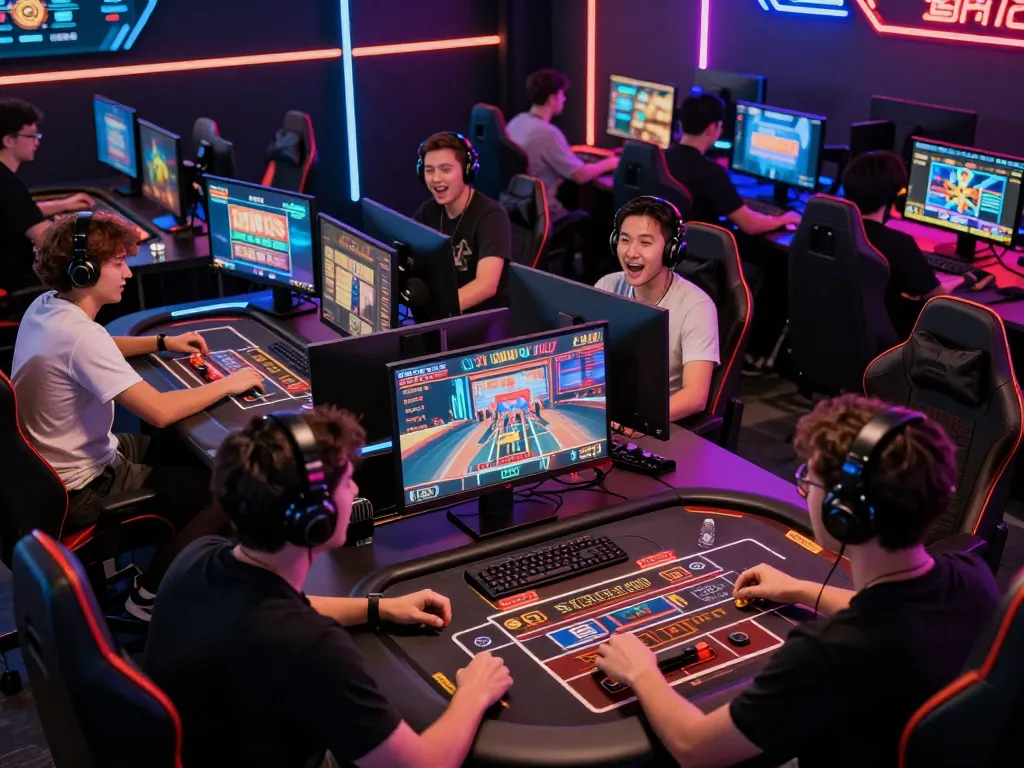 Link 79king showcases players enjoying online casino games around vibrant setups, highlighting the excitement of virtual gambling.