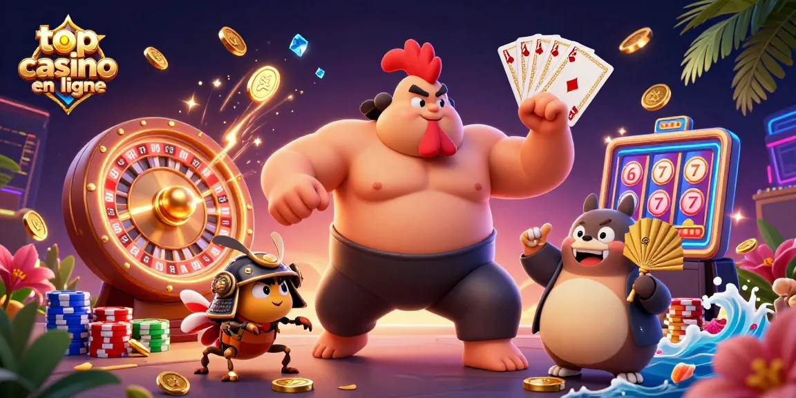 Jouez dans le top casino en ligne avec un coq sumo, un criquet et un tanuki entourés de pièces d'or et de joyaux.