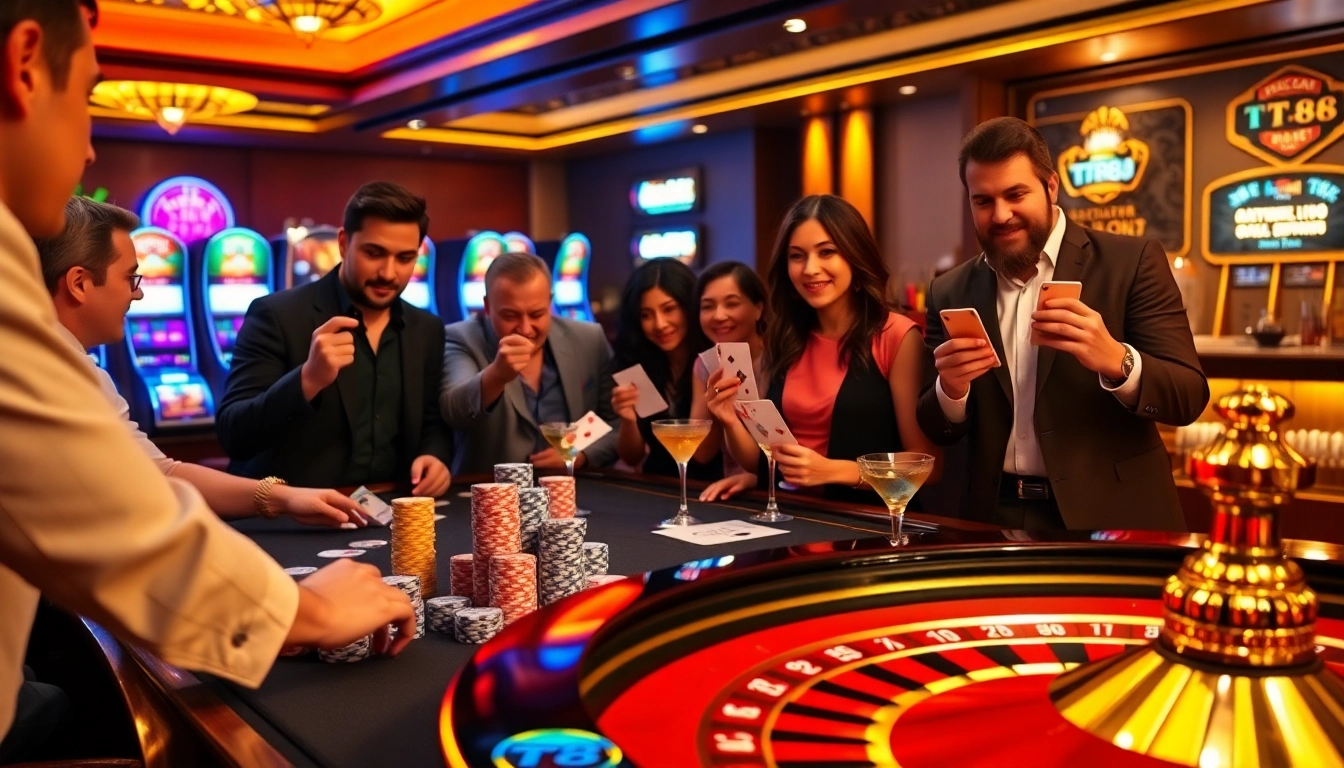 TT88-themed casino scene featuring an exciting poker game and vibrant roulette table.