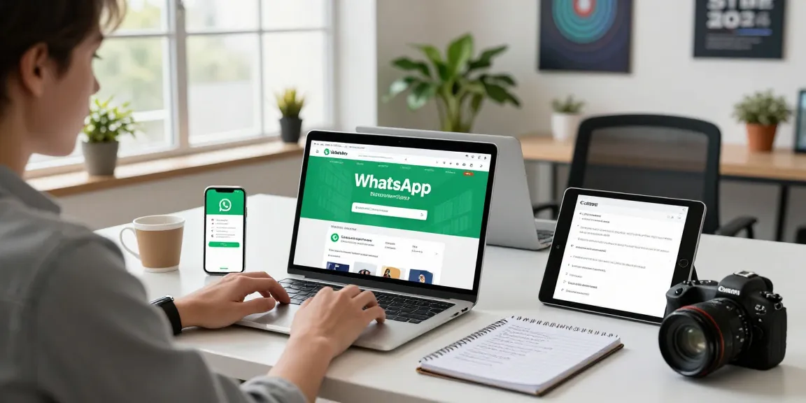 WhatsApp下載 experience in a modern tech workspace, featuring a user on laptop with smart devices around.