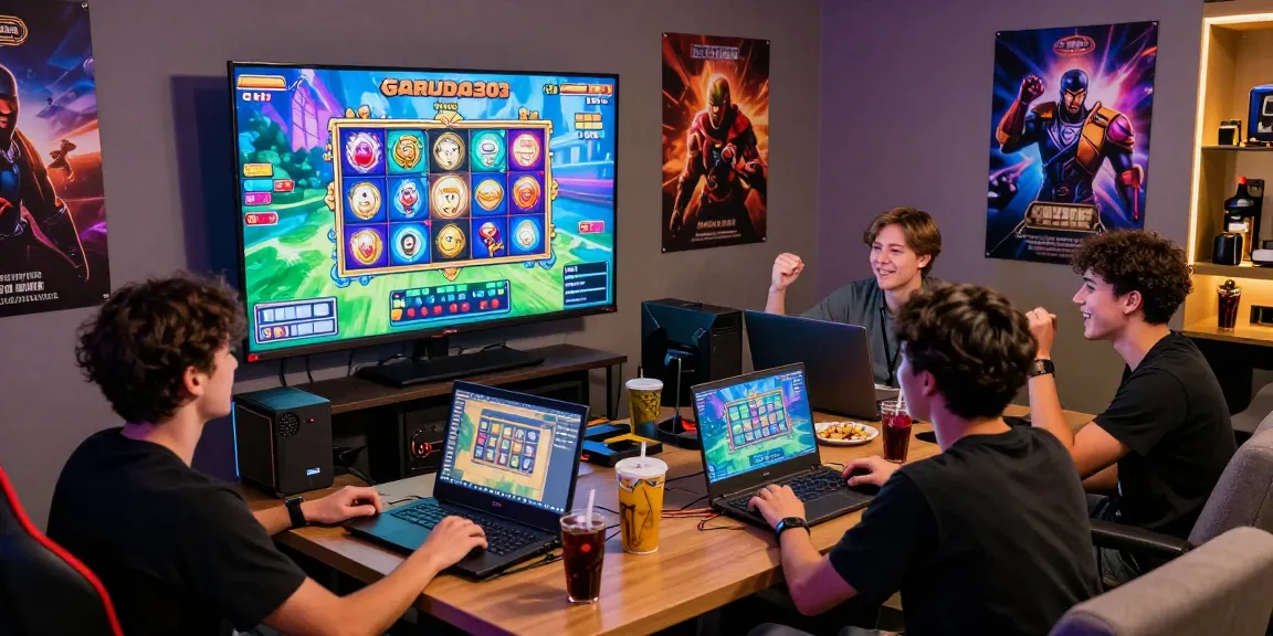Friends enjoying a thrilling session playing garuda303 slot in a lively gaming room with vibrant atmosphere.