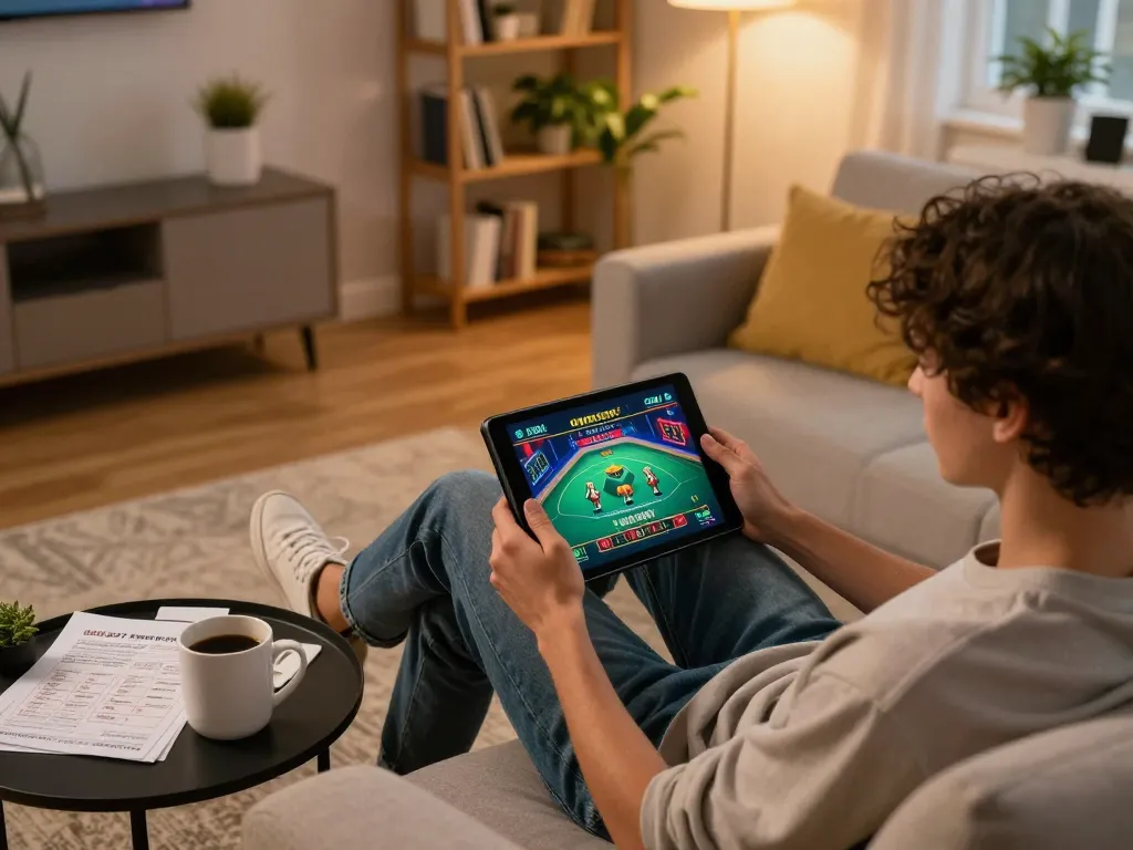 Person playing tg88 online casino game on tablet at home, showcasing a relaxing atmosphere