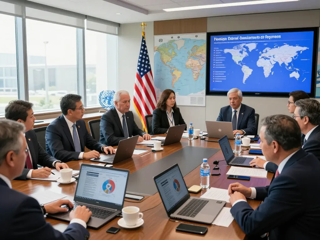 U.S. officials negotiating US foreign policy strategies in a modern conference room.