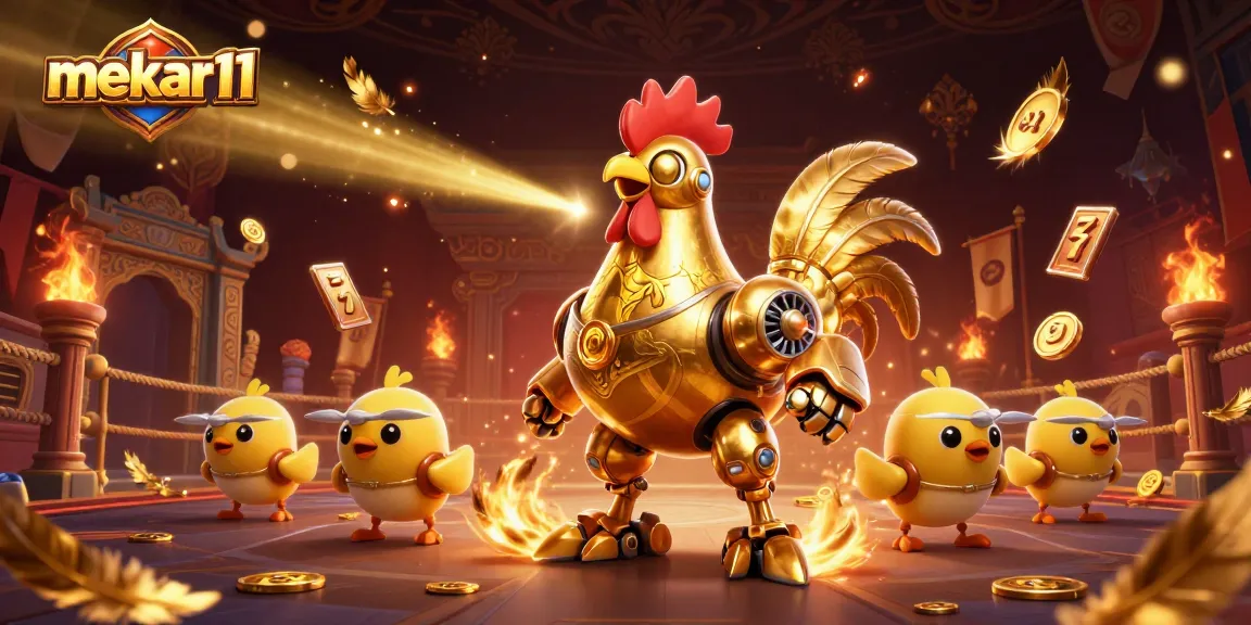 Mekar11 highlights a vibrant 3D illustration of a golden rooster robot amidst a dynamic casino scene.