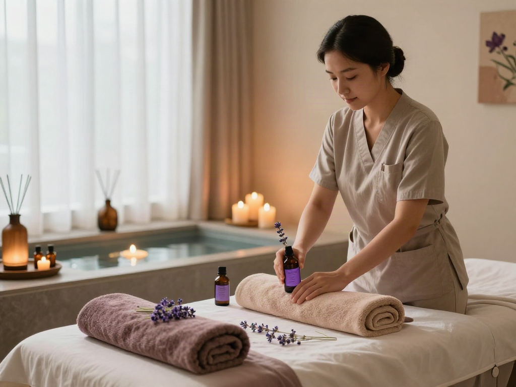 Calming 화정출장마사지 scene with soothing oils, massage table, and tranquil atmosphere