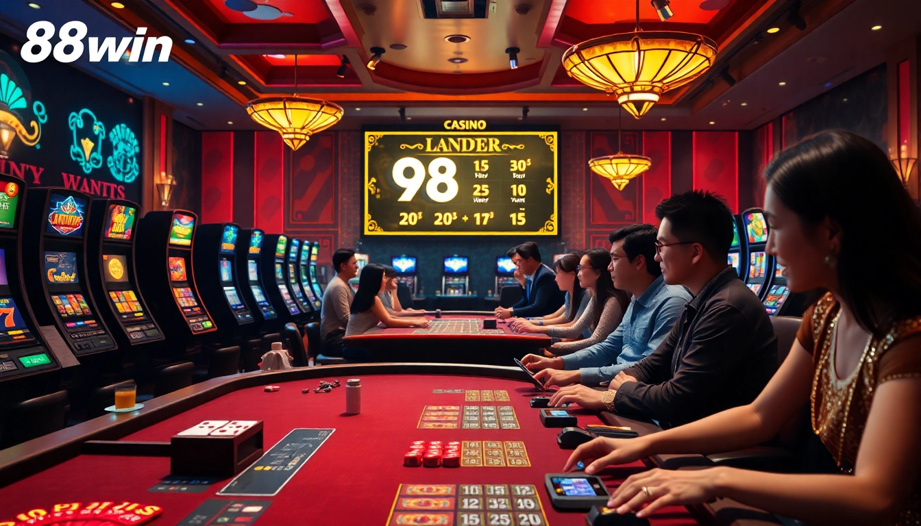 Exciting online casino scene at 98win showcasing vibrant gaming with players enjoying Poker and Slots.