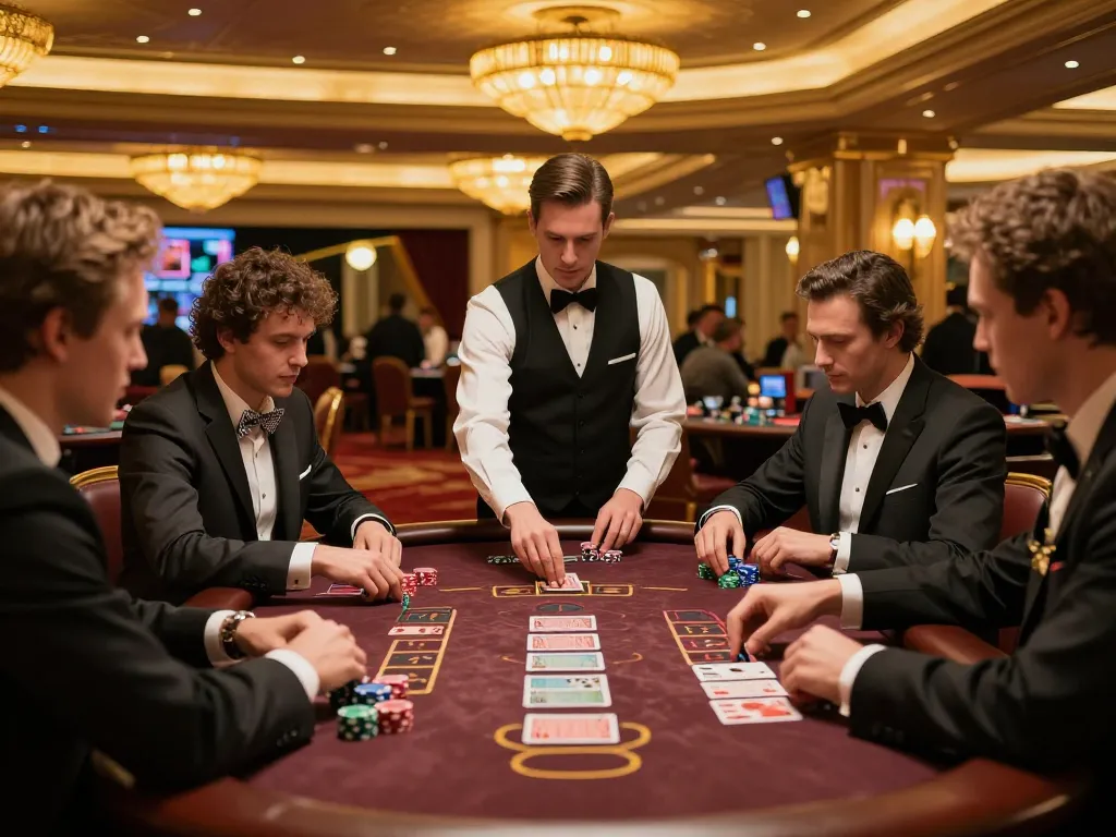 Engaged players at 5699 blackjack table strategizing their next move in a high-stakes casino environment.