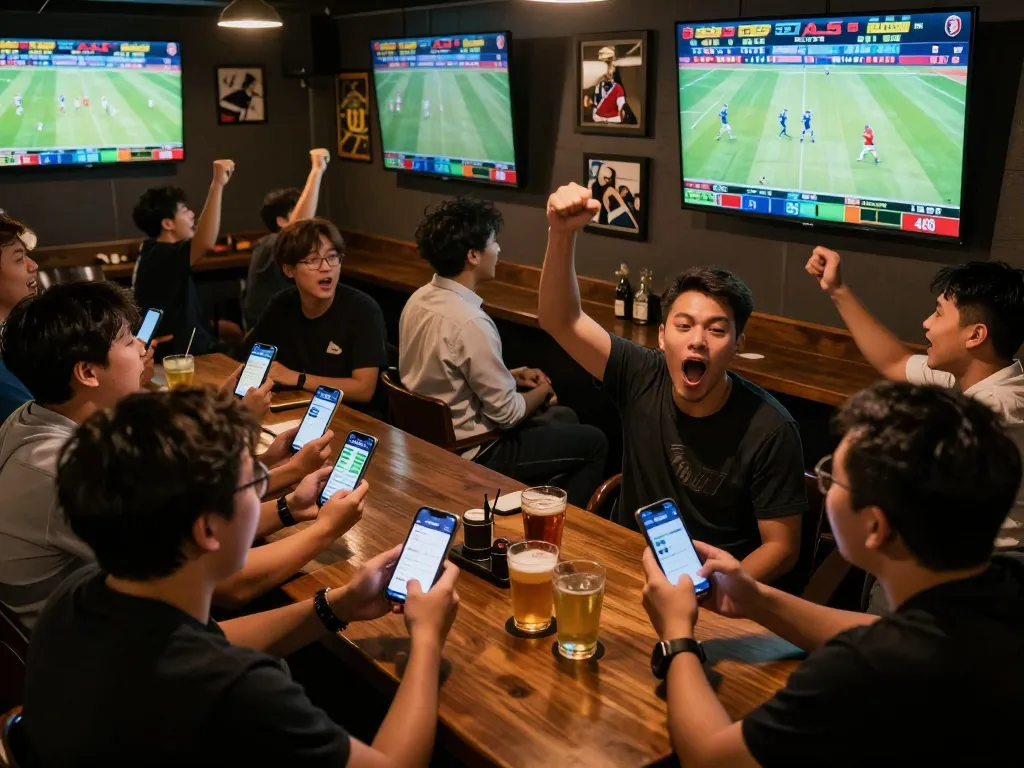 Fans engaging in sports betting using the 32win app at a lively bar setting.