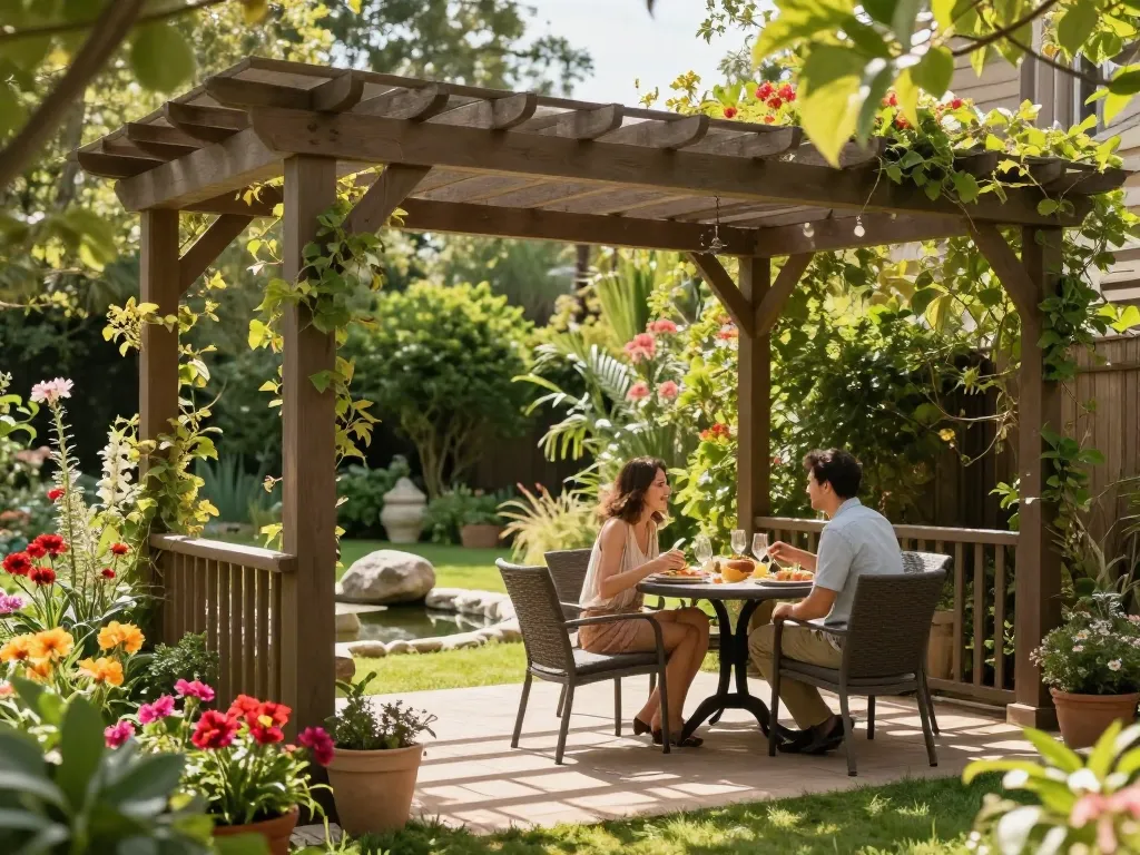 Stylish 3D pergola with a couple dining outdoors in a vibrant garden.