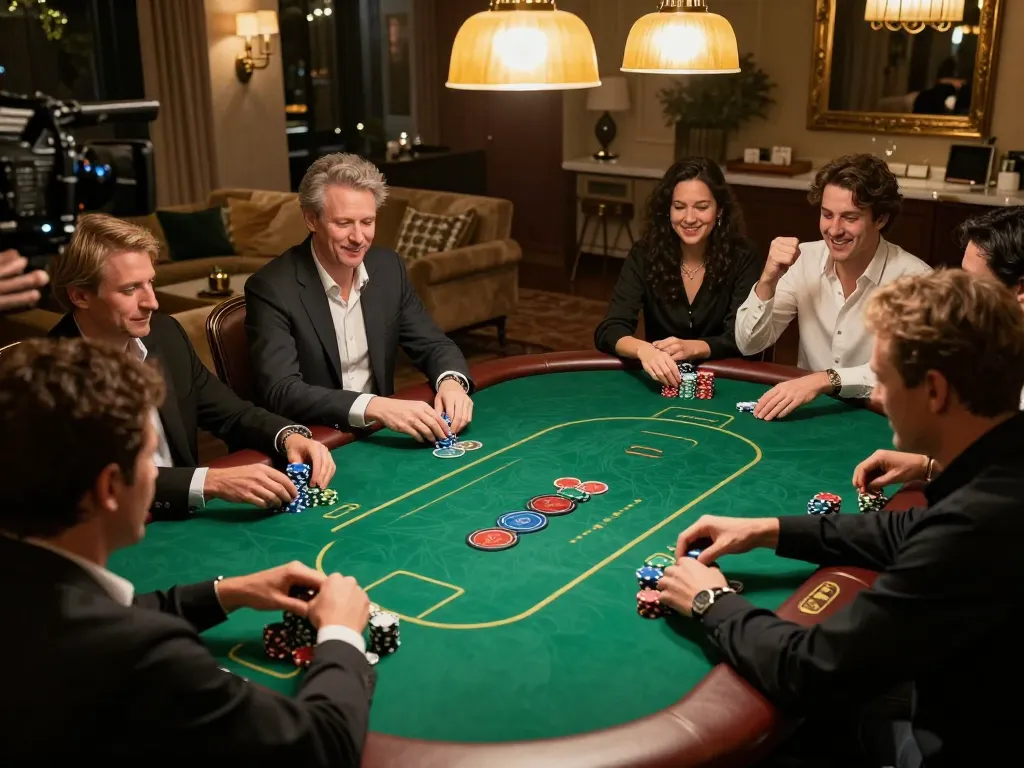 Players strategizing at a poker table in a lively atmosphere while using boosterjp for online gaming.