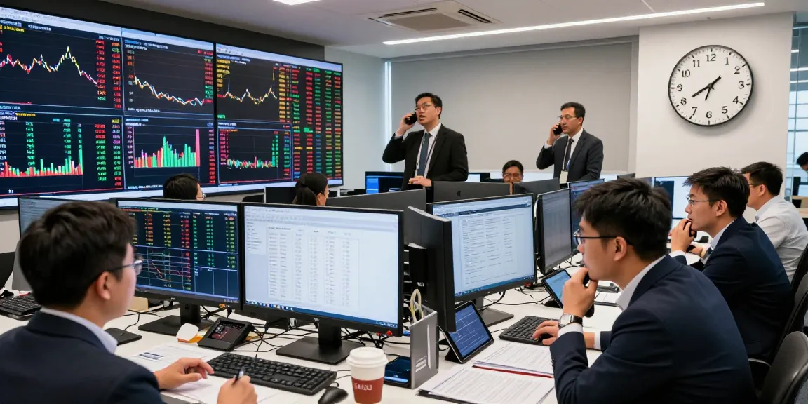实时市场数据分析的办公环境，交易者通过HKEX股票数据源进行交易讨论。