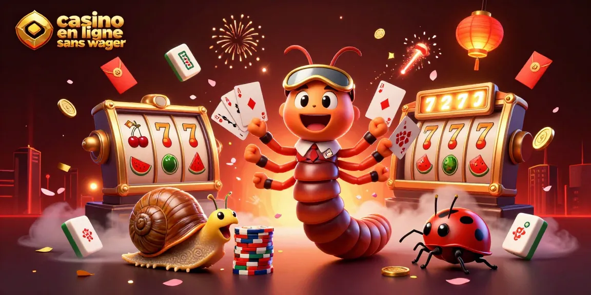 Illustration dynamique mettant en scène le casino en ligne sans wager avec un flamboyant croupier mille-pattes et des pièces en or.