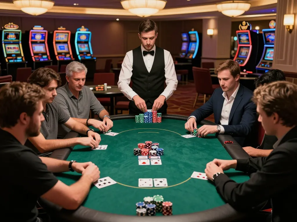 32win players strategizing during a high-stakes poker game with focused expressions and diverse chips.