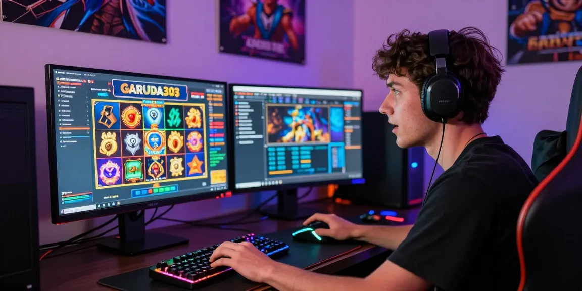 Player engaged in GARUDA303 slot gaming session with vibrant screens and modern gaming gear in an immersive environment.
