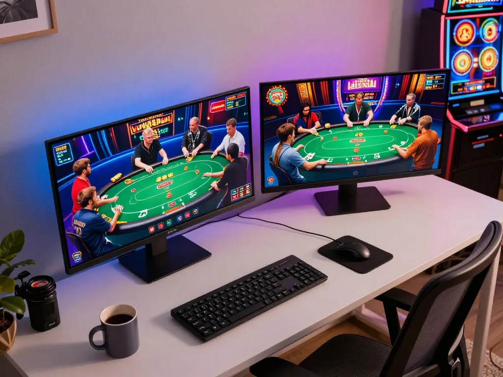 ATQ players engaged in an online casino poker game from home setup with vibrant screens and cozy atmosphere.