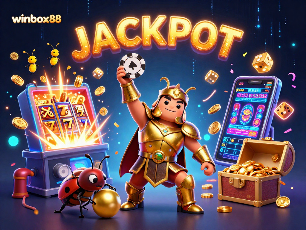 Winbox88's 3D beetle champions celebrate a jackpot in a colorful casino scene.