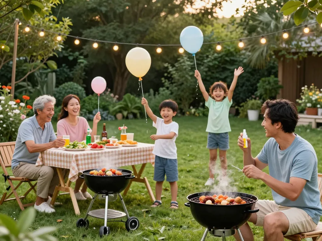 Family enjoying summer barbecue while using the best mosquito repellent for outdoor comfort.