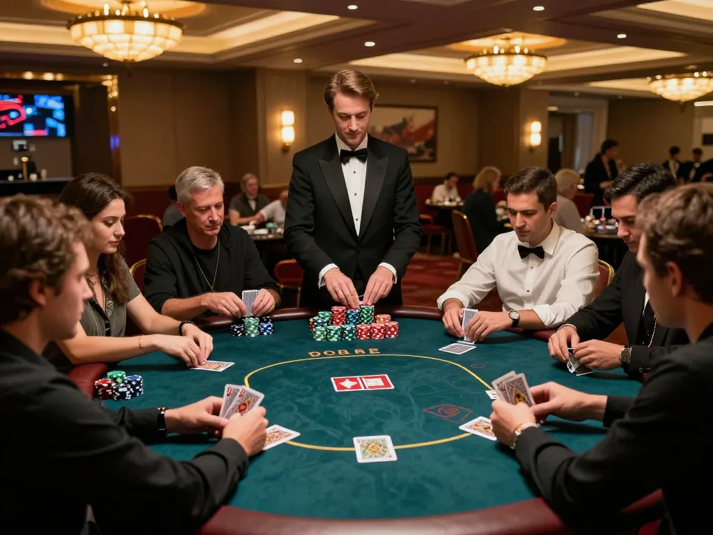 Players strategizing a winning hand at a vibrant rikvip poker table in an upscale casino setting