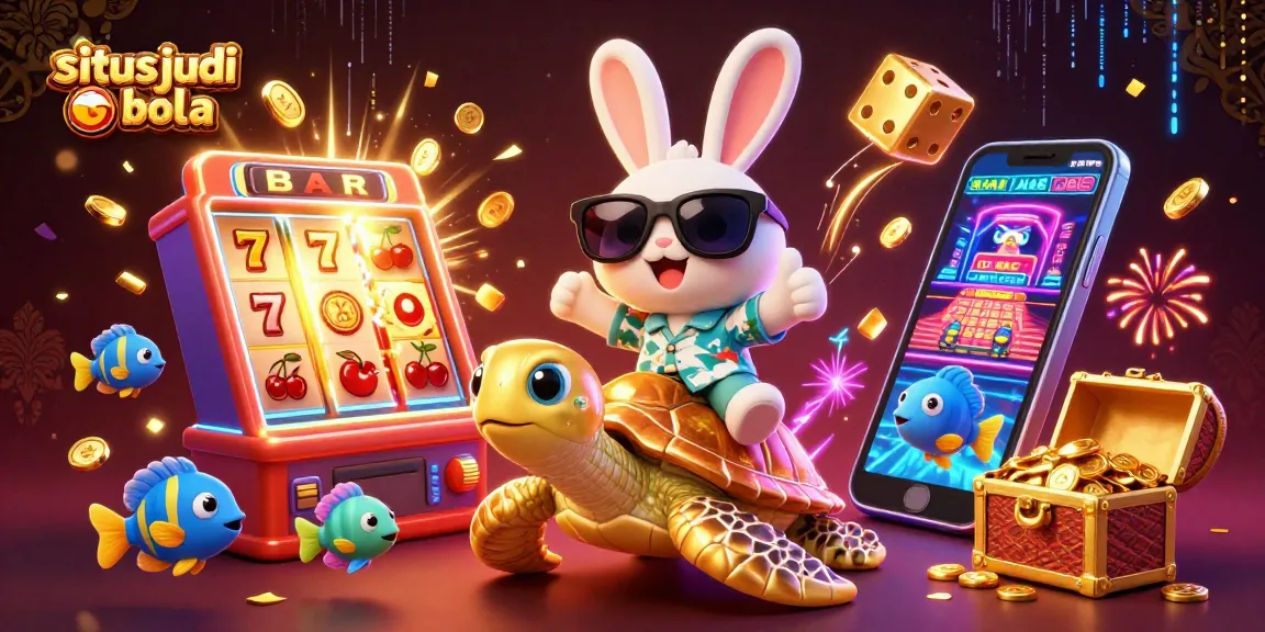 Experience situs judi bola action with a lucky rabbit and sea turtle amidst dynamic gambling elements.