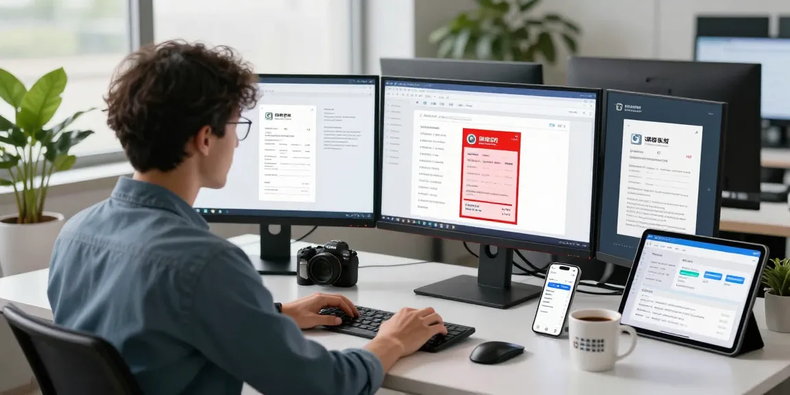 Detect fraud receipt with AI technology on multiple screens in a modern workspace.