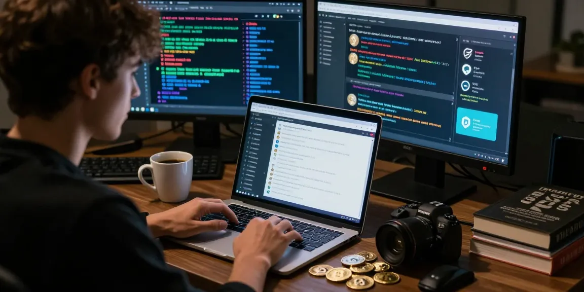 Exploring verified darknet market links 2026 on a laptop with security tools and cryptocurrency charts in a dimly lit room.