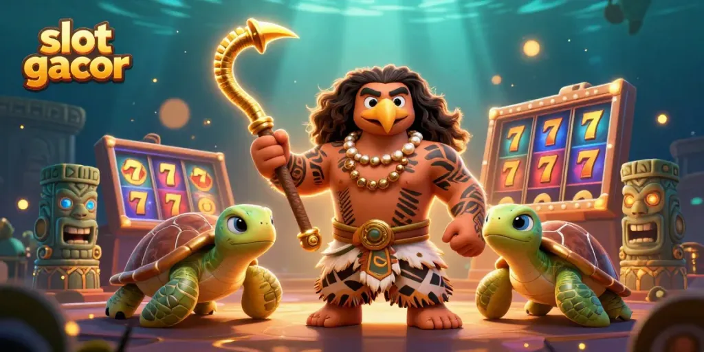 Engage with exciting slot gacor action featuring a demigod and whimsical characters in a vibrant casino scene.