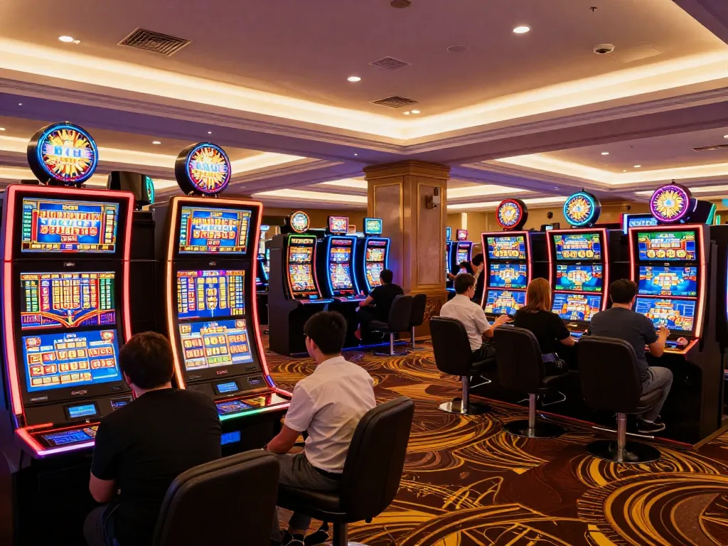 Players enjoying slot machines at FAFA828 casino, showcasing vibrant gaming atmosphere.