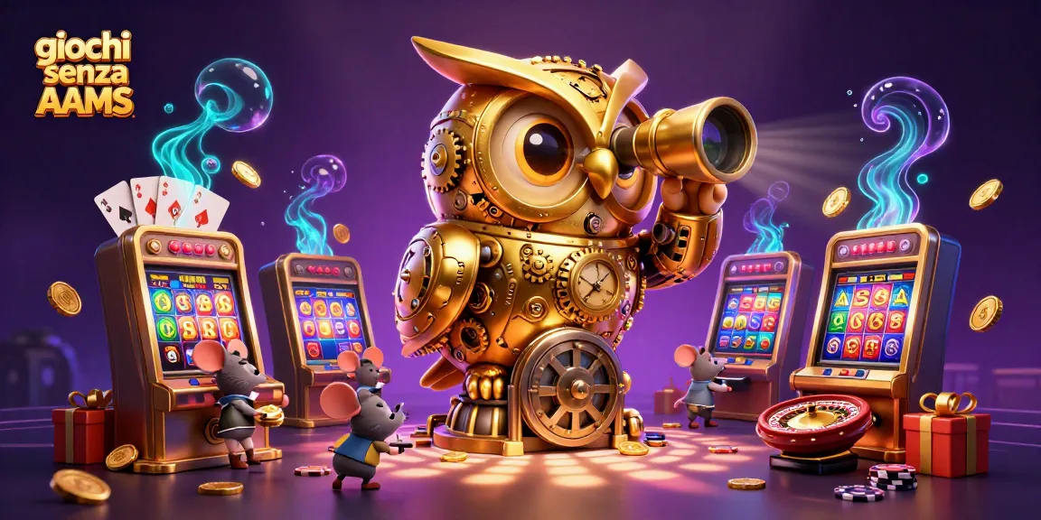 Giocare a giochi senza AAMS con un gufo meccanico dorato che osserva il casinò e topini tra le slot.