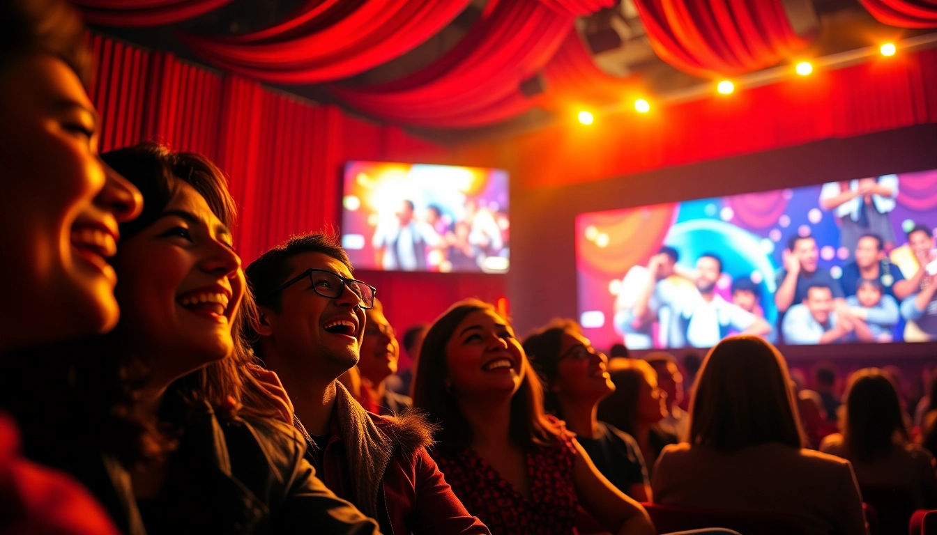 Excited audience enjoying a film in a vibrant movie theatre, highlighting their love for ดูหนัง.