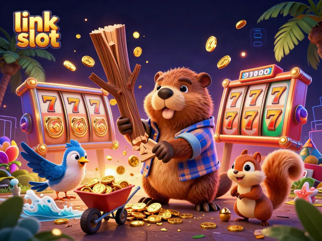 Menangkan jackpot dengan link slot sambil melihat kartun ceria beruang pemotong pohon.