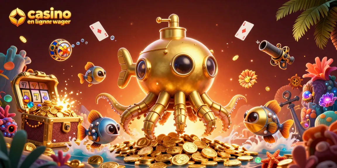 Le kraken doré émerge des pièces d'or dans un casino en ligne sans wager, entouré de symboles de jeux.