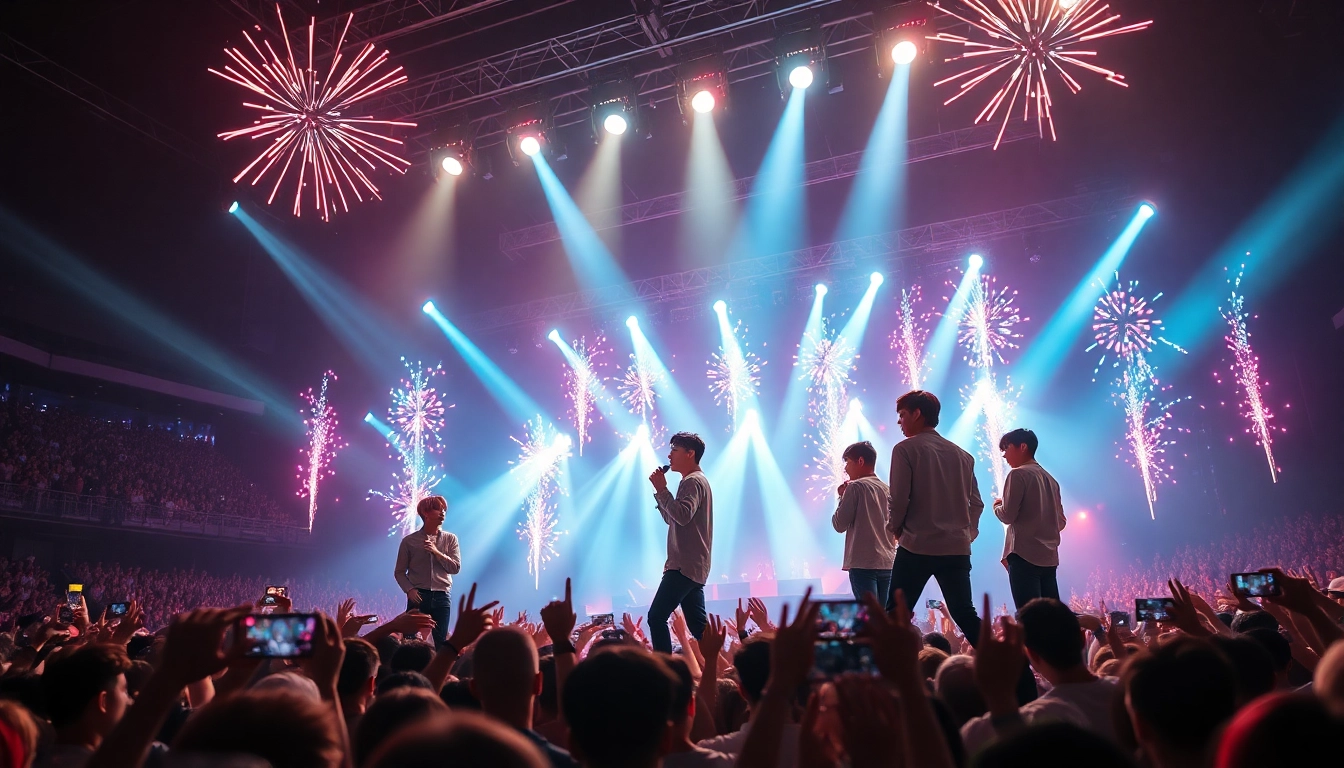 BTS news highlights Jungkook performing live with vibrant stage lights and energetic atmosphere.