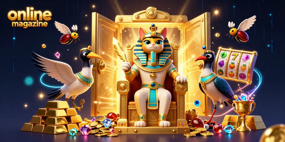 Engaging online magazine illustration showcasing an Egyptian pharaoh cat amid slots and treasures, radiating excitement.