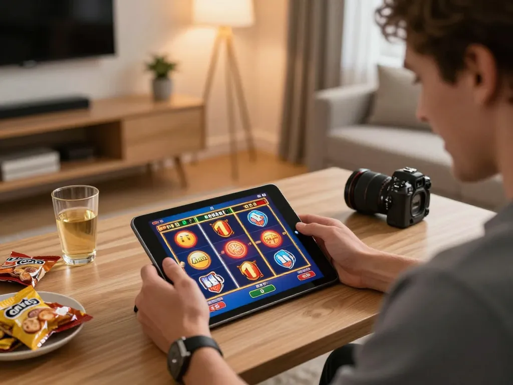 Engaging moment of using JPTOTO on a tablet for thrilling online slot gaming in a stylish home office.