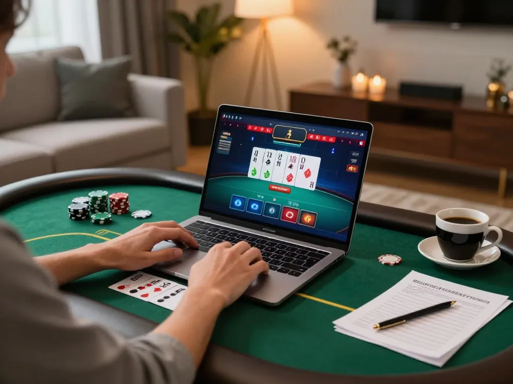 Engaging online gaming scene with 56WIN on a laptop showing poker interface and relaxed home setup.