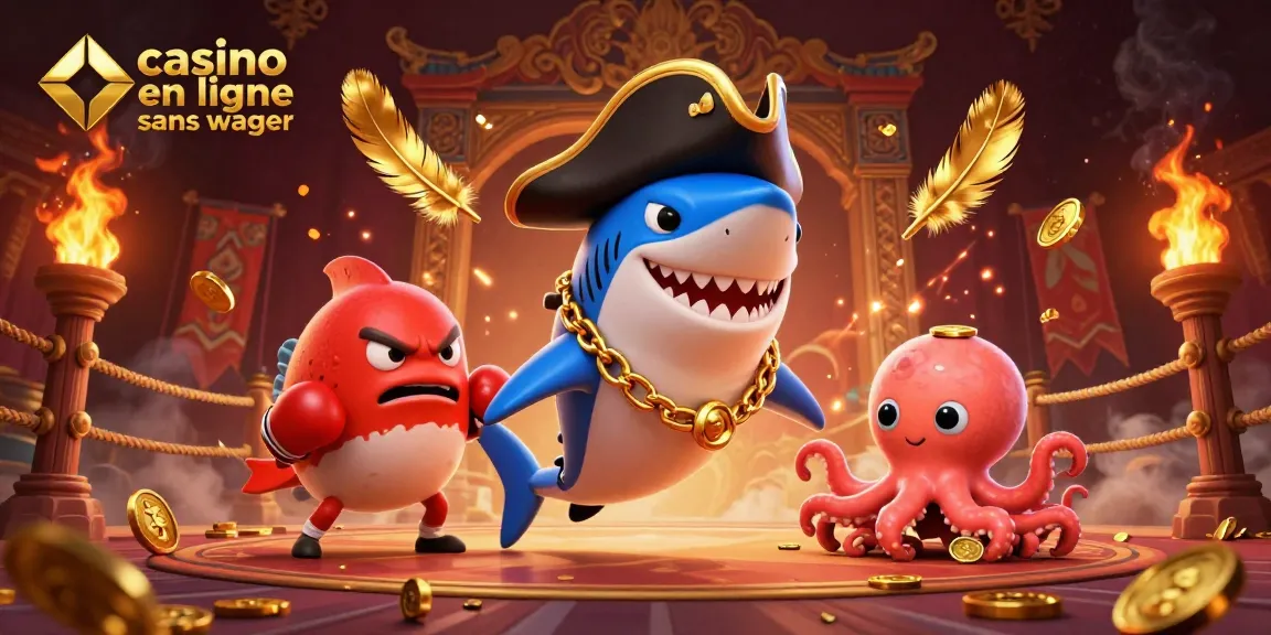 Illustration vibrante et dynamique de casino en ligne sans wager avec des personnages marins et des éléments de jeu captivants.