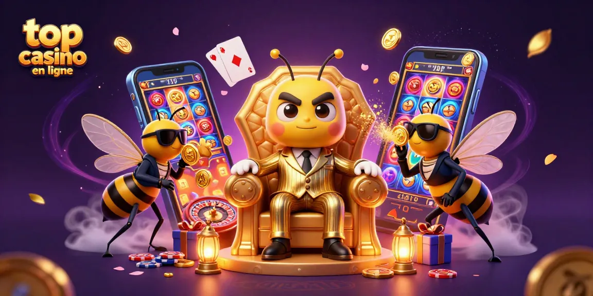 Une illustration colorée de "top casino en ligne" montrant un boss abeille dans une salle de trône de miel, entouré d'éléments de jeu.