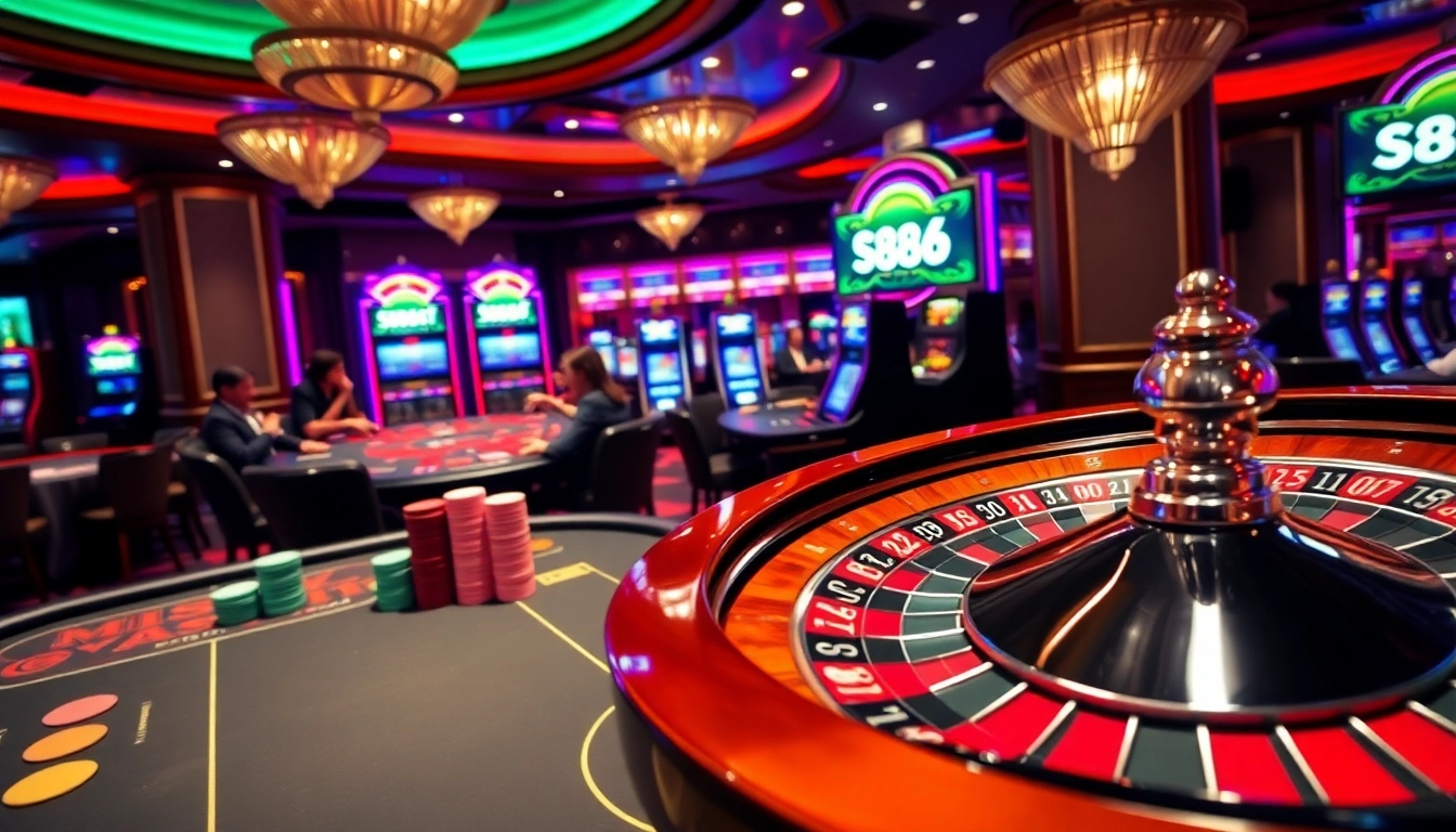 Players enjoying a thrilling poker game at the s88bet casino, surrounded by colorful chips and betting excitement.