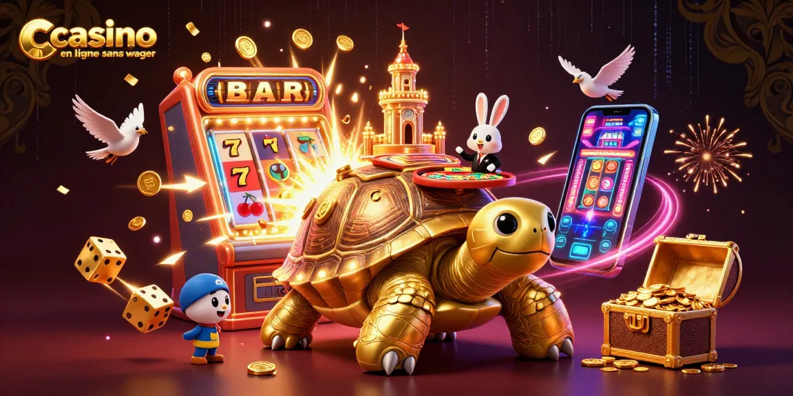 Illustration 3D d'un casino en ligne sans wager avec une tortue dorée, un dealer lapin et des pièces en or.