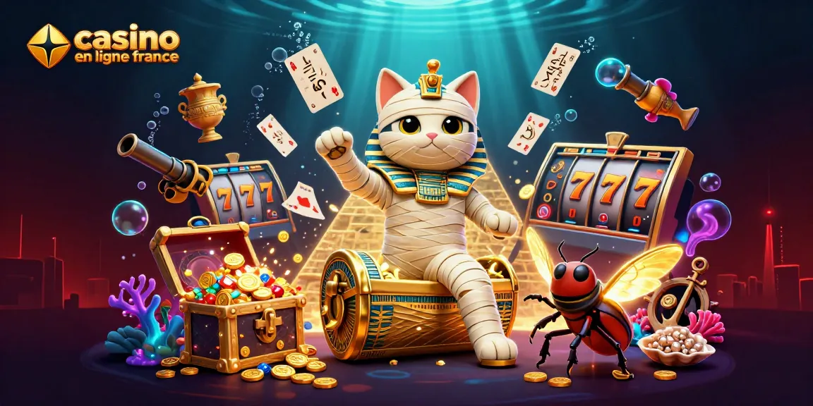 Jouez au casino en ligne en France avec des machines à sous et un chat momie égyptien vibrant dans l'illustration