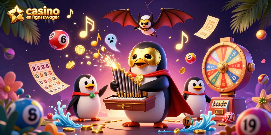 Illustration dynamique de casino en ligne sans wager avec un pingouin fantôme et des jeux de casino.