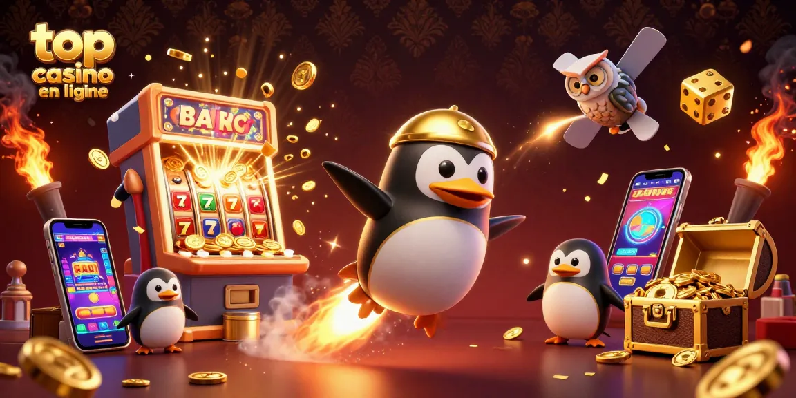 Aperçu d'un meilleur casino en ligne avec un pingouin doré et une machine à sous explosive